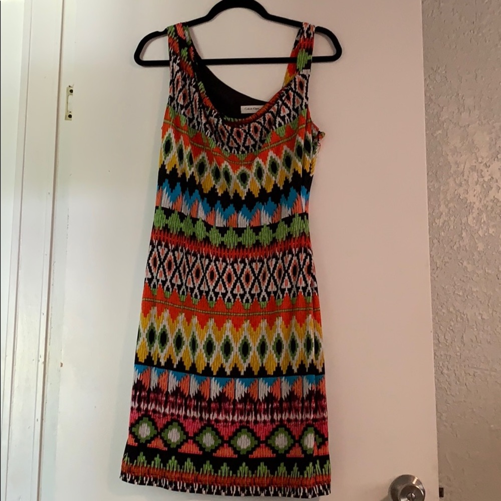 Calvin Klein one shoulder tribal pattern dress 8